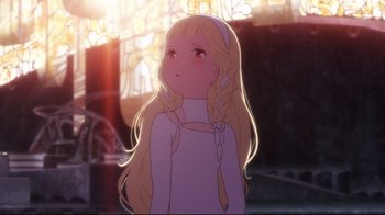 Movie still from “Maquia: When the Promised Flower Blooms” (2018), directed by Jong Heo – A girl with long blonde hair is standing in front of a stained glass window; Close Up shot, High angle