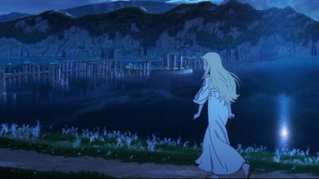 Movie still from “Maquia: When the Promised Flower Blooms” (2018), directed by Jong Heo – A woman walking near a body of water at night; Extreme Wide shot, Over the shoulder angle