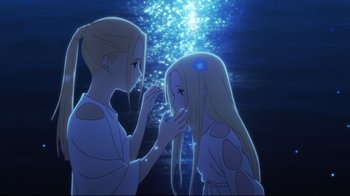 Movie still from “Maquia: When the Promised Flower Blooms” (2018), directed by Jong Heo – Two anime girls are looking into each others eyes; Close Up shot, High angle