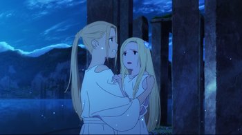 Movie still from “Maquia: When the Promised Flower Blooms” (2018), directed by Jong Heo – Two anime girls standing next to each other in front of some pillars; Medium shot, Over the shoulder angle