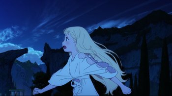 Movie still from “Maquia: When the Promised Flower Blooms” (2018), directed by Jong Heo – A woman with long blonde hair standing in front of mountains; Extreme Wide shot, Low angle