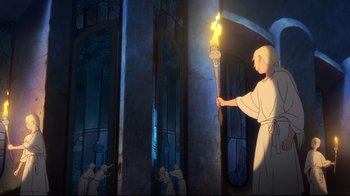 Movie still from “Maquia: When the Promised Flower Blooms” (2018), directed by Jong Heo – A man holding a torch in front of stained - glass windows; Wide shot, Over the shoulder angle