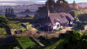 Movie still from “Maquia: When the Promised Flower Blooms” (2018), directed by Jong Heo – An aerial view of an old fashioned house; Extreme Wide shot, High angle