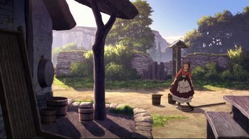 Movie still from “Maquia: When the Promised Flower Blooms” (2018), directed by Jong Heo – An image of an animated scene with a woman in a dress; Extreme Wide shot, High angle