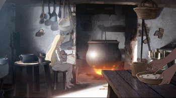 Movie still from “Maquia: When the Promised Flower Blooms” (2018), directed by Jong Heo – A woman sitting at a table in front of a pot on the stove; Wide shot, High angle