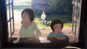 Movie still from “Maquia: When the Promised Flower Blooms” (2018), directed by Jong Heo – Two women sitting at a table in front of a dog; Medium shot, High angle