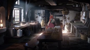 Movie still from “Maquia: When the Promised Flower Blooms” (2018), directed by Jong Heo – A woman standing in a room with a table and chairs; Wide shot, High angle