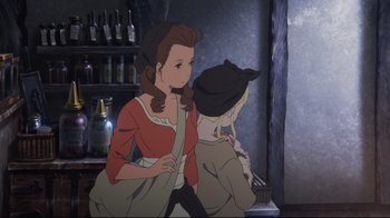 Movie still from “Maquia: When the Promised Flower Blooms” (2018), directed by Jong Heo – Two animated women are walking in a room; Medium shot, Over the shoulder angle
