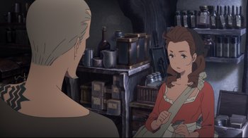 Movie still from “Maquia: When the Promised Flower Blooms” (2018), directed by Jong Heo – A woman in a red dress is talking to a man in a white apron; Medium shot, Over the shoulder angle