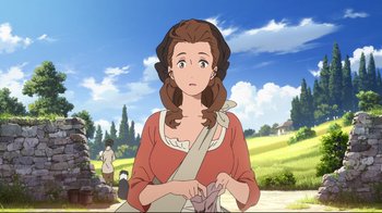 Movie still from “Maquia: When the Promised Flower Blooms” (2018), directed by Jong Heo – An animated picture of a woman in a red dress; Medium shot, Over the shoulder angle