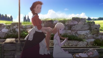 Movie still from “Maquia: When the Promised Flower Blooms” (2018), directed by Jong Heo – Two animated women sitting next to each other on a bench; Medium shot, Over the shoulder angle