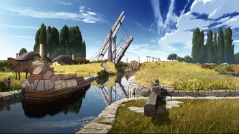 Movie still from “Maquia: When the Promised Flower Blooms” (2018), directed by Jong Heo – An artistic rendering of a bridge that is falling into the water; Extreme Wide shot, High angle