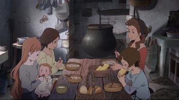 Movie still from “Maquia: When the Promised Flower Blooms” (2018), directed by Jong Heo – A group of people sitting around a table eating food; Wide shot, High angle