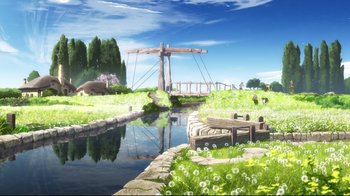 Movie still from “Maquia: When the Promised Flower Blooms” (2018), directed by Jong Heo – An illustration of a bridge over a small river; Extreme Wide shot, High angle
