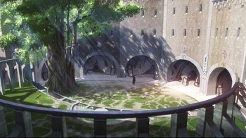 Movie still from “Maquia: When the Promised Flower Blooms” (2018), directed by Jong Heo – An image of an outdoor scene with trees and a pond; Extreme Wide shot, High angle