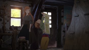 Movie still from “Maquia: When the Promised Flower Blooms” (2018), directed by Jong Heo – A woman standing next to another woman holding a piece of paper; Medium shot, Over the shoulder angle