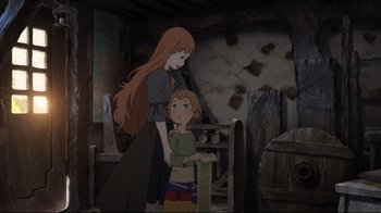 Movie still from “Maquia: When the Promised Flower Blooms” (2018), directed by Jong Heo – A woman standing next to a young girl; Medium shot, Over the shoulder angle
