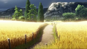 Movie still from “Maquia: When the Promised Flower Blooms” (2018), directed by Jong Heo – An artist's rendering of a dirt path through a field; Extreme Wide shot, High angle