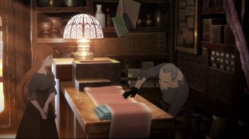 Movie still from “Maquia: When the Promised Flower Blooms” (2018), directed by Jong Heo – An old woman is working in a cluttered room; Wide shot, High angle