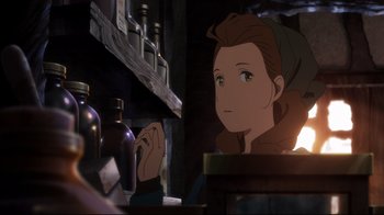 Movie still from “Maquia: When the Promised Flower Blooms” (2018), directed by Jong Heo – A woman sitting in front of a table with bottles; Close Up shot, Over the shoulder angle