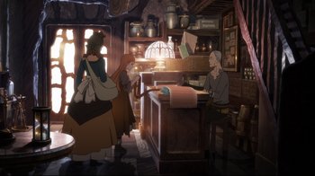 Movie still from “Maquia: When the Promised Flower Blooms” (2018), directed by Jong Heo – A couple of people sitting at a table in a room; Wide shot, High angle