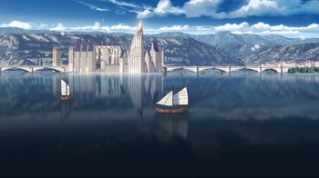 Movie still from “Maquia: When the Promised Flower Blooms” (2018), directed by Jong Heo – A boat floating on top of a body of water; Extreme Wide shot, High angle