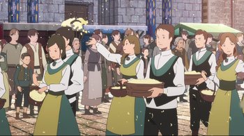 Movie still from “Maquia: When the Promised Flower Blooms” (2018), directed by Jong Heo – A group of people standing around a crowd of people; Medium shot, High angle