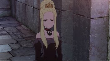 Movie still from “Maquia: When the Promised Flower Blooms” (2018), directed by Jong Heo – A woman with long blonde hair wearing a crown; Medium shot, Over the shoulder angle