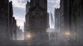 Movie still from “Maquia: When the Promised Flower Blooms” (2018), directed by Jong Heo – A group of people walking down a street; Extreme Wide shot, Low angle