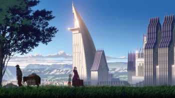 Movie still from “Maquia: When the Promised Flower Blooms” (2018), directed by Jong Heo – An artistic rendering of a church with a large spire; Extreme Wide shot, Low angle