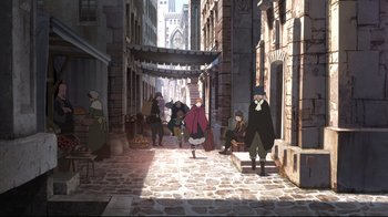 Movie still from “Maquia: When the Promised Flower Blooms” (2018), directed by Jong Heo – A group of people walking down a street; Extreme Wide shot, High angle