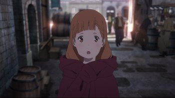 Movie still from “Maquia: When the Promised Flower Blooms” (2018), directed by Jong Heo – A girl with a red coat is looking at the camera; Close Up shot, Over the shoulder angle