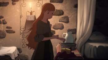Movie still from “Maquia: When the Promised Flower Blooms” (2018), directed by Jong Heo – A woman standing in front of a table with a pitcher; Medium shot, High angle