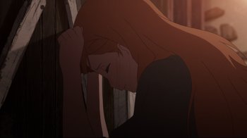 Movie still from “Maquia: When the Promised Flower Blooms” (2018), directed by Jong Heo – A woman with long hair is holding her head; Close Up shot, High angle