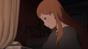 Movie still from “Maquia: When the Promised Flower Blooms” (2018), directed by Jong Heo – A woman with long red hair is looking down; Close Up shot, High angle