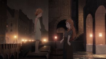 Movie still from “Maquia: When the Promised Flower Blooms” (2018), directed by Jong Heo – Two people standing next to each other in a dark city; Wide shot, High angle