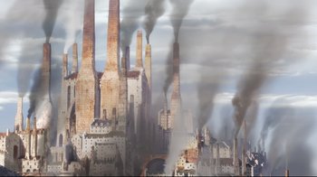 Movie still from “Maquia: When the Promised Flower Blooms” (2018), directed by Jong Heo – An image of an industrial area with smoke coming out of it; Extreme Wide shot, High angle