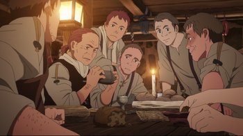 Movie still from “Maquia: When the Promised Flower Blooms” (2018), directed by Jong Heo – A group of people sitting around a table; Medium shot, High angle