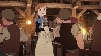 Movie still from “Maquia: When the Promised Flower Blooms” (2018), directed by Jong Heo – An animated picture of a woman holding a plate; Medium shot, Over the shoulder angle