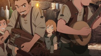 Movie still from “Maquia: When the Promised Flower Blooms” (2018), directed by Jong Heo – A young girl is surrounded by two older men; Medium shot, High angle