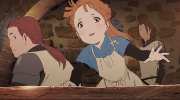 Movie still from “Maquia: When the Promised Flower Blooms” (2018), directed by Jong Heo – A woman in an apron is standing in front of a brick wall; Medium shot, High angle