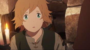 Movie still from “Maquia: When the Promised Flower Blooms” (2018), directed by Jong Heo – A person with green eyes; Close Up shot, High angle