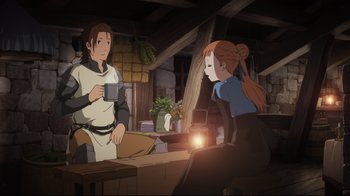 Movie still from “Maquia: When the Promised Flower Blooms” (2018), directed by Jong Heo – A man and a woman are standing next to each other; Medium shot, Over the shoulder angle
