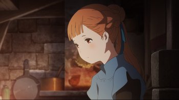 Movie still from “Maquia: When the Promised Flower Blooms” (2018), directed by Jong Heo – A woman with red hair and a blue shirt is looking at the camera; Close Up shot, Over the shoulder angle