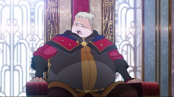Movie still from “Maquia: When the Promised Flower Blooms” (2018), directed by Jong Heo – An animated picture of a man sitting on a throne; Medium shot, High angle