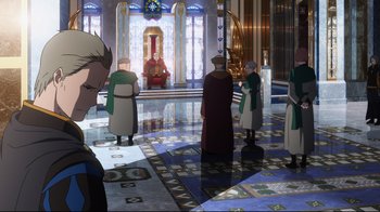 Movie still from “Maquia: When the Promised Flower Blooms” (2018), directed by Jong Heo – A group of people standing in front of an altar; Wide shot, High angle