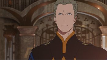 Movie still from “Maquia: When the Promised Flower Blooms” (2018), directed by Jong Heo – An animated picture of a man in a uniform; Close Up shot, High angle