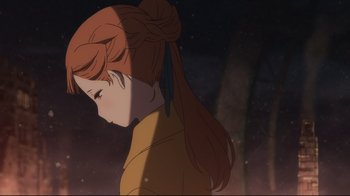 Movie still from “Maquia: When the Promised Flower Blooms” (2018), directed by Jong Heo – A woman with a long red hair tied in a ponytail; Close Up shot, Over the shoulder angle