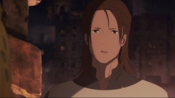 Movie still from “Maquia: When the Promised Flower Blooms” (2018), directed by Jong Heo – A person with long brown hair; Close Up shot, Over the shoulder angle