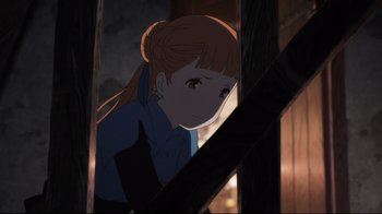 Movie still from “Maquia: When the Promised Flower Blooms” (2018), directed by Jong Heo – A woman with red hair is looking out a window; Medium shot, Over the shoulder angle